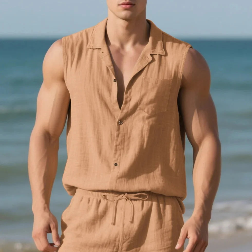 Men’s Summer Linen Sleeveless Open Shirt – Lightweight, Breathable Comfort with Relaxed, Sophisticated Style for the Modern Gentleman