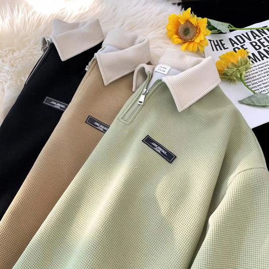 Men’s Polo Sweatshirt – Lightweight Spring-Autumn Lapel Top with Japanese Vintage Colour-Blocking, Preppy Style, and Loose-Fit Comfort