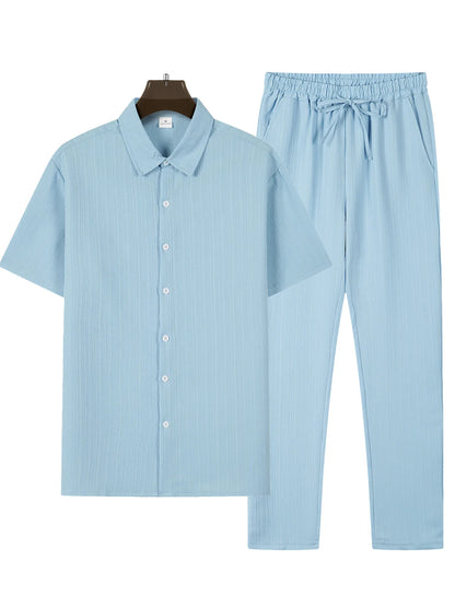 (Shirt+Pants) 2025 Summer new arrival Men Fashion Classic Shirt men Business Casual Shirts Men A Set Of Clothes - Ellianto fashion Men's