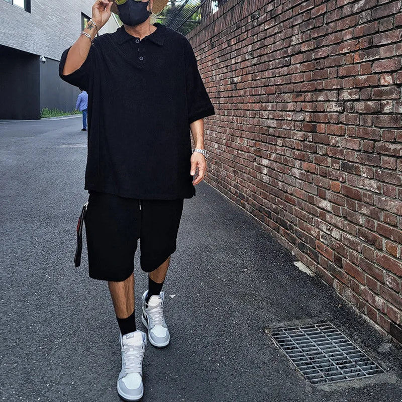 Set 2025 Summer New Fashion Suit Men's High Quality Heavy Terry Cloth Lapel Short-sleeved Shirt Shorts Two-piece Casual Men's Wear - Ellianto fashion Men's
