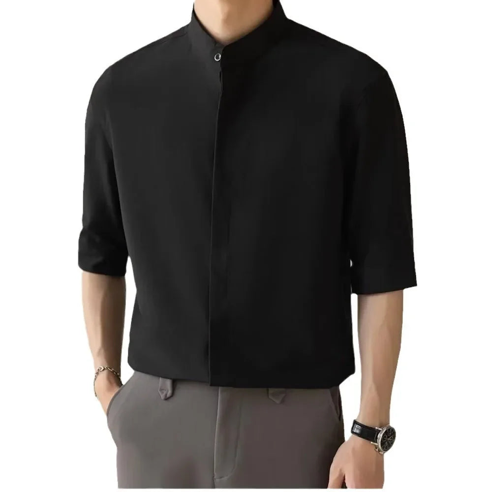 Men’s Casual Stand-Collar Shirt – Quick-Dry, Slim-Fit Comfort for Effortless Summer Style and Professional Confidence