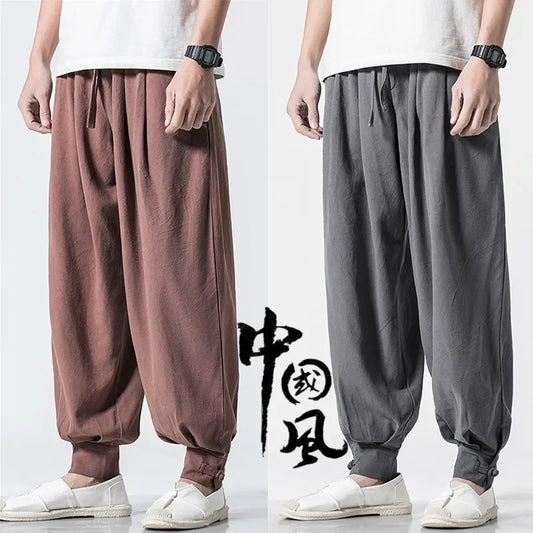 Loose-fit Cotton Linen Men's Women's Monk Pants No Tying Required Casual Spring Summer Long Pants For Zen Meditation - Ellianto fashion Men's