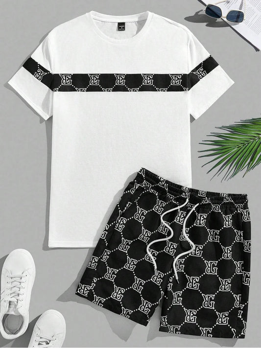 Set Men's Suit Retro Fashion Letters Printed Round Neck T-shirt Shorts Suit Comfortable And Breathable Men's Two-piece Suit - Ellianto fashion Men's