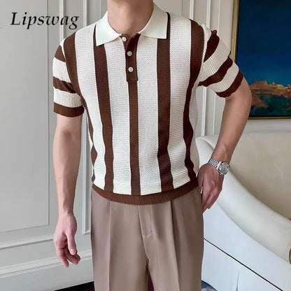 Stylish Mens Slim Short Sleeve Polo Shirts Knitting Striped Contrast Color Polo T Shirt For Men Summer New Casual Buttoned Polos - Ellianto fashion Men's