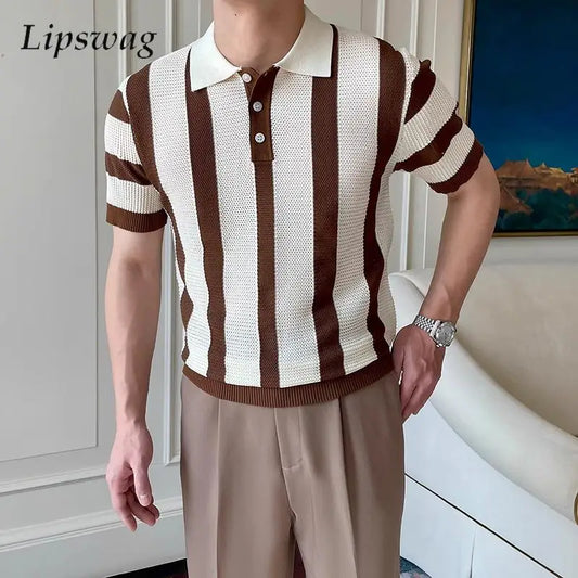 Stylish Mens Slim Short Sleeve Polo Shirts Knitting Striped Contrast Color Polo T Shirt For Men Summer New Casual Buttoned Polos - Ellianto fashion Men's