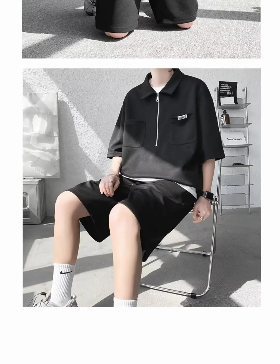 Ice Silk Short Sleeve Polo Shirt Men Summer Trendy Shorts Casual Sports Set Seven Half Zipper Comfortable Thin Male Clothing - Ellianto fashion Men's