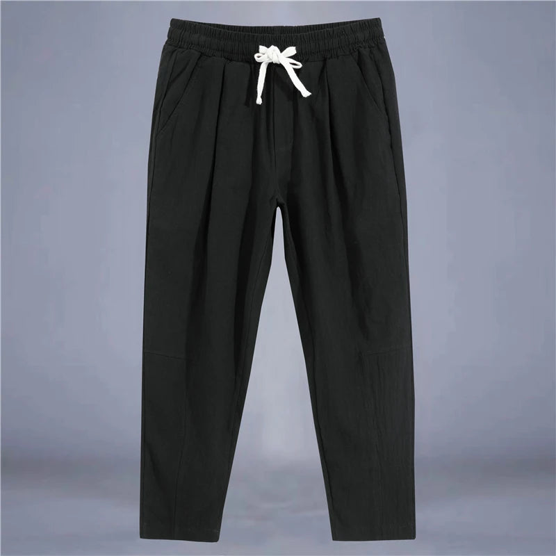 Men's Trousers Cotton Linen Fashion Casual Pants Solid Color Breathable Loose Shorts Straight Drawstring Pants Streetwear Men - Ellianto fashion Men's