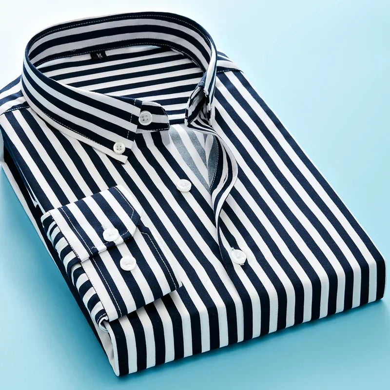 Men's Long Sleeve Blue White Striped Shirt Dress Fashion Standard-fit Button Down Shirts Blouse Men Hip-hop Streetwear Camisas - Ellianto fashion Men's