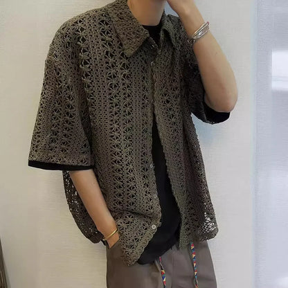 Summer Vintage American-Style Knit Shirt – Breathable, Loose-Fit Comfort and Effortless Military-Green Casual Elegance for the Modern Gentleman