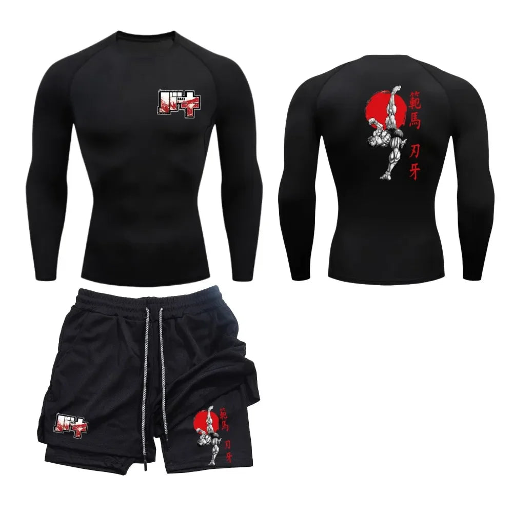 Men’s & Women’s Stylish Sports Set – Quick-Dry Fitness Wear with Baki Hanma Print & 2-in-1 Shorts