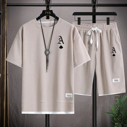 Set A stylish and casual men's sportswear set of short-sleeved T-shirt and summer sportswear shorts, a two-piece set for daily casua - Ellianto fashion Men's