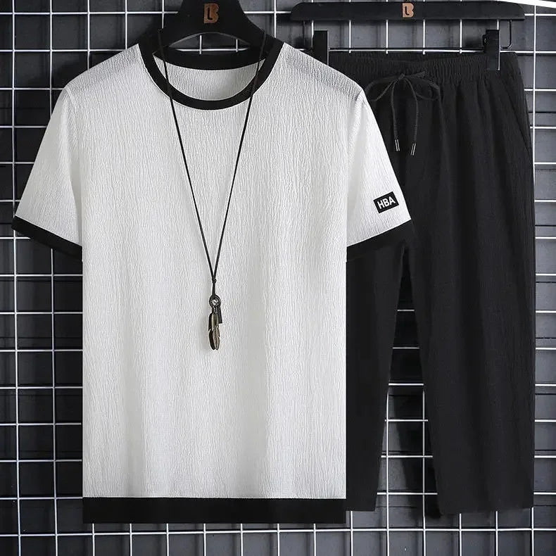 Ice Silk Summer Casual Sports Suit Men's Short Sleeve T-Shirt Shorts Set Fashionable Two-Piece Set for Men Comfortable Breathabl - Ellianto fashion Men's