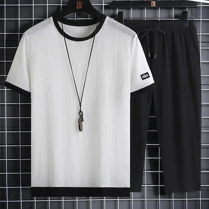 Ice Silk Summer Casual Sports Suit Men's Short Sleeve T-Shirt Shorts Set Fashionable Two-Piece Set for Men Comfortable Breathabl - Ellianto fashion Men's
