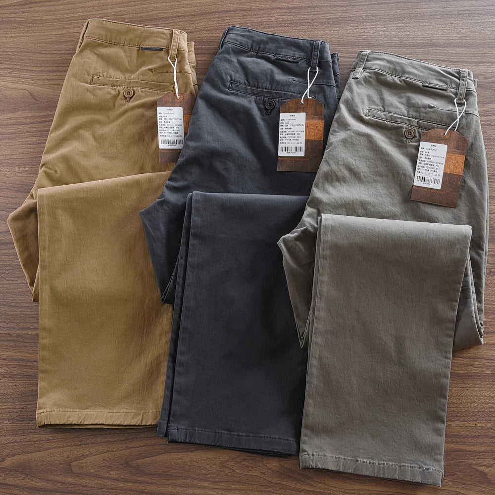 2025 Autumn New American Retro Woven Twill Cargo Pants Men's Simple 97.4% Cotton Washed Micro Elastic Straight Casual Trousers - Ellianto fashion Men's