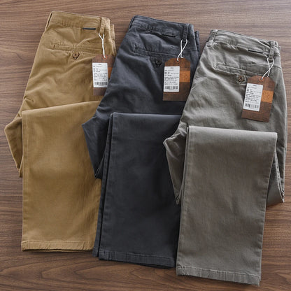2025 Autumn New American Retro Woven Twill Cargo Pants Men's Simple 97.4% Cotton Washed Micro Elastic Straight Casual Trousers - Ellianto fashion Men's