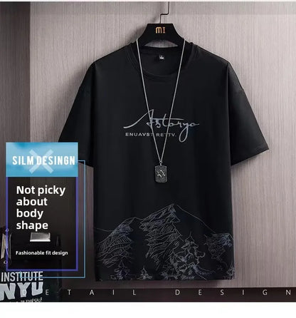 Men's Ice Silk Short Sleeve T-Shirt Suit Summer New Digital Printing Fashionable Korean Style Slims Smooths Your Silhouette Spor - Ellianto fashion Men's