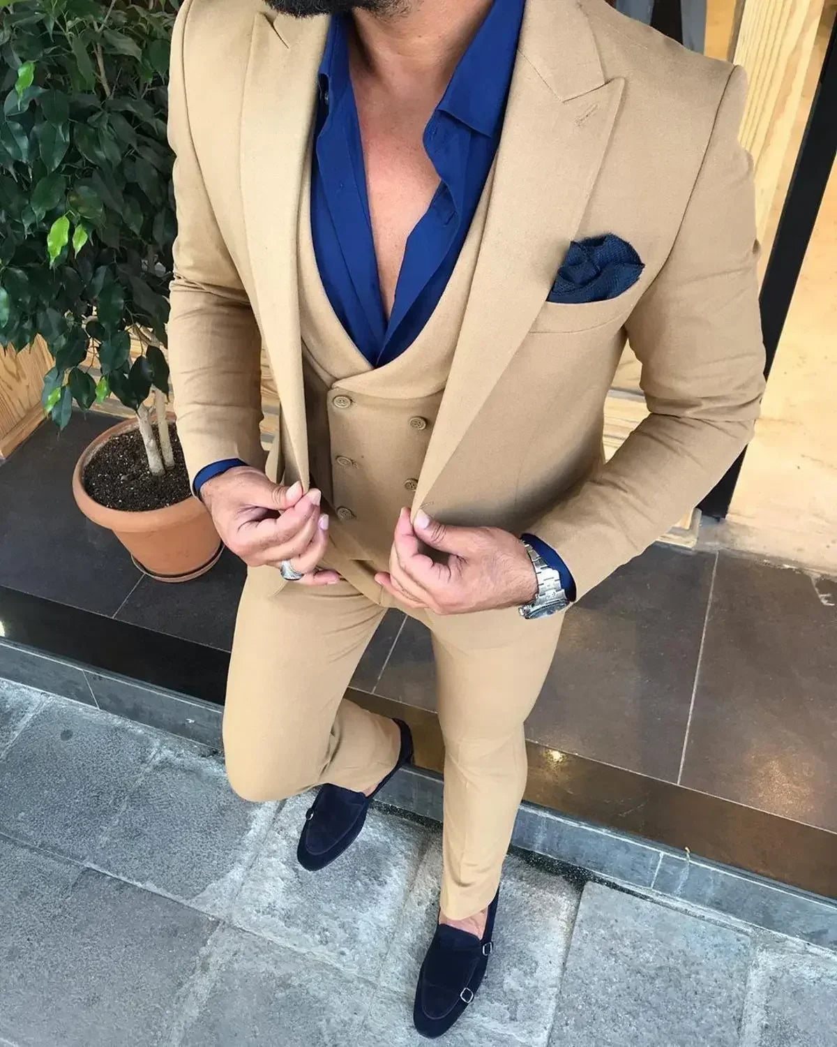 Slim Fit Formal Men Suits 3 Pcs Groom Tuxedos Notch Lapel Olive Green Groom Tuxedo for Wedding Best Man (Jacket + Vest + Pants) - Ellianto fashion Men's