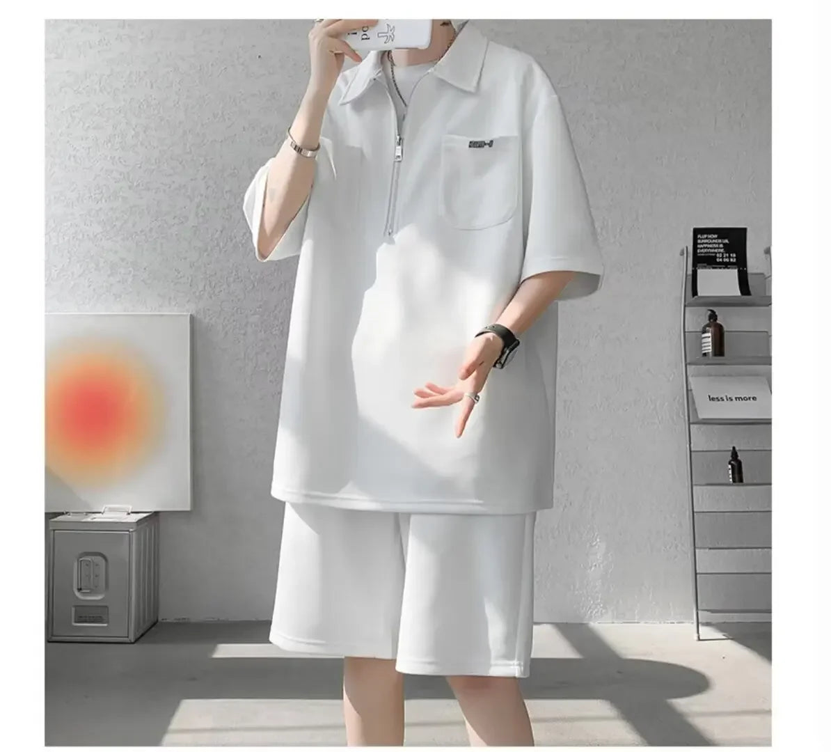 Ice Silk Short Sleeve Polo Shirt Men Summer Trendy Shorts Casual Sports Set Seven Half Zipper Comfortable Thin Male Clothing - Ellianto fashion Men's