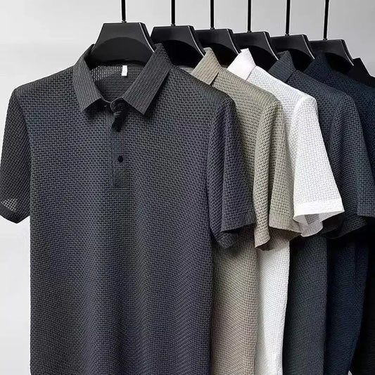 Summer New Ice Silk Mesh Short Sleeve POLO Shirt Men's Solid Color Versatile Cool Feeling Business Casual Half Sleeve Top Trendy - Ellianto fashion Men's