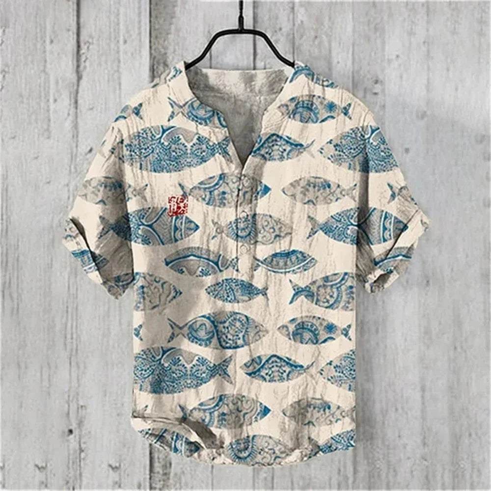 New short-sleeved V-neck shirt short-sleeved 3D printed linen shirt retro fish linen shirt comfortable men's breathable shirt - Ellianto fashion Men's