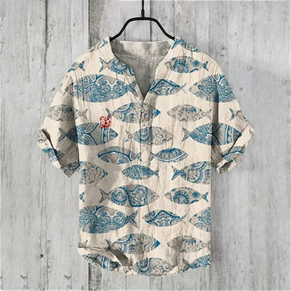 New short-sleeved V-neck shirt short-sleeved 3D printed linen shirt retro fish linen shirt comfortable men's breathable shirt - Ellianto fashion Men's