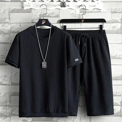 Ice Silk Men's Casual Sportswear Loose plus Size Summer Fashionable Short Sleeve Seven-Piece Pants Two-Piece Set - Ellianto fashion Men's