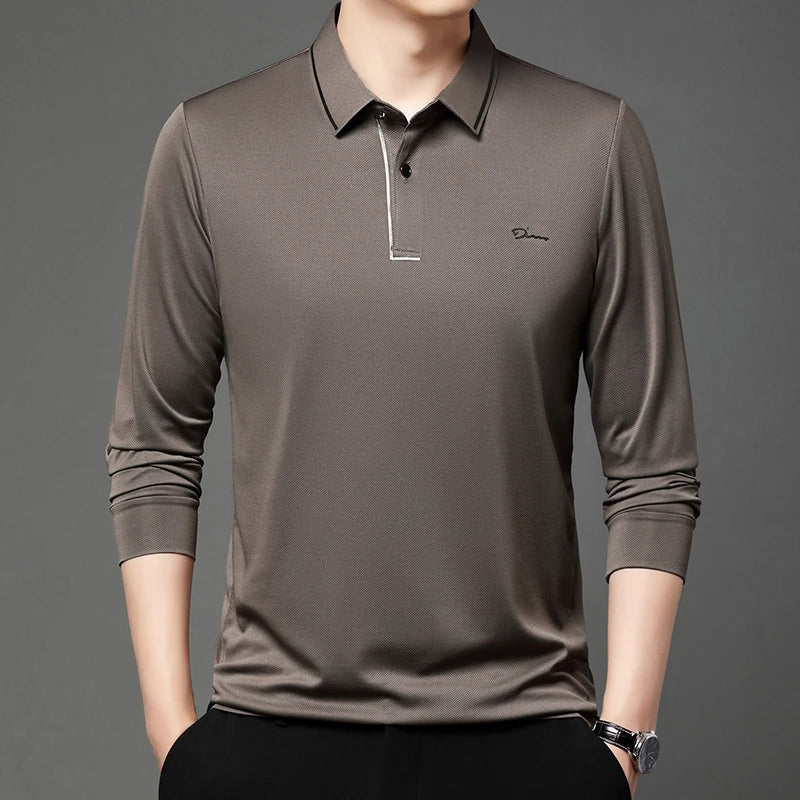 New Men's Business Casual Long Sleeved Shirt with Badge Solid Color Polo Shirt Fashionable Breathable Comfortable Versatile Top - Ellianto fashion Men's