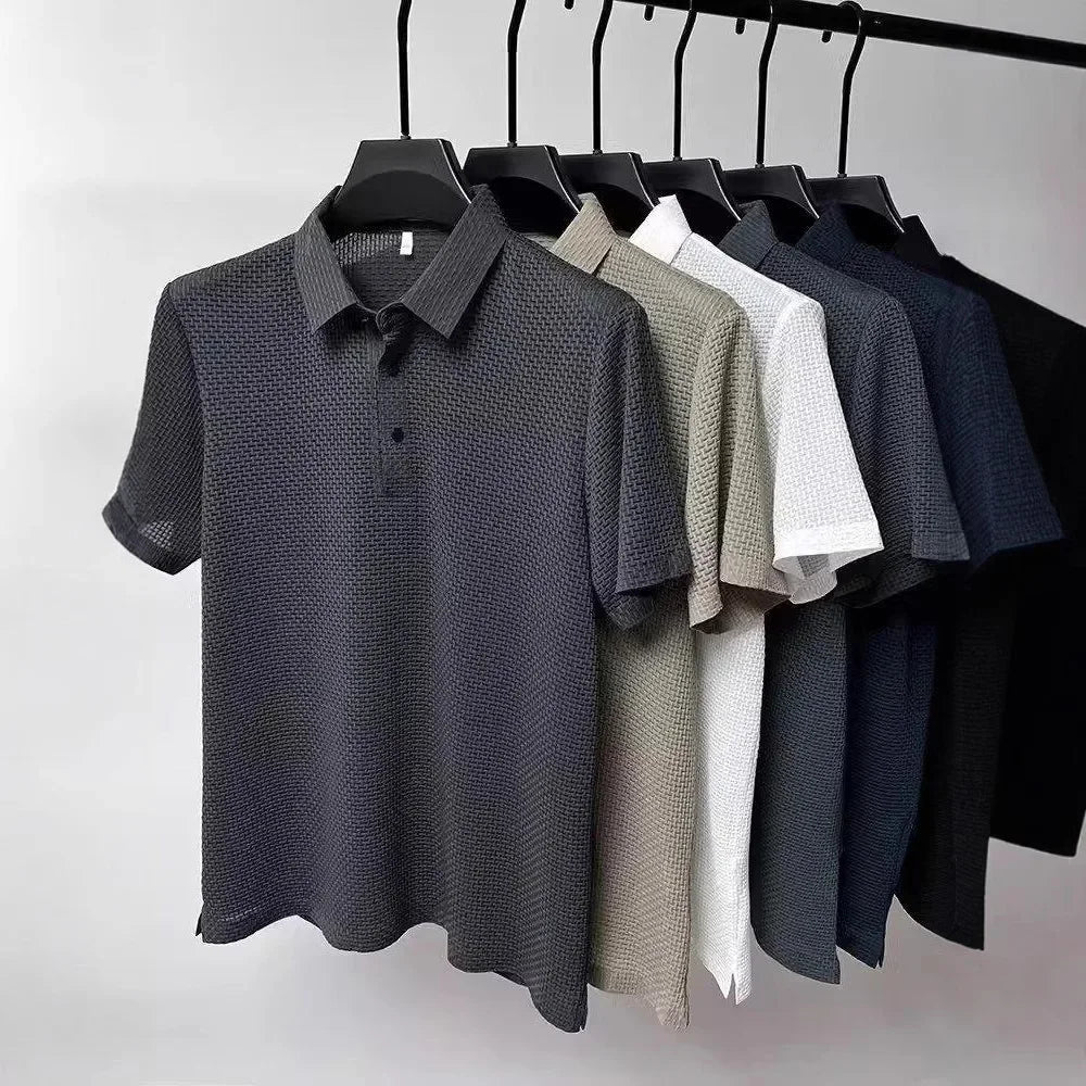 Summer New Ice Silk Mesh Short Sleeve POLO Shirt Men's Solid Color Versatile Cool Feeling Business Casual Half Sleeve Top Trendy - Ellianto fashion Men's