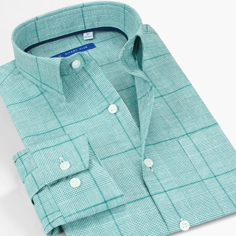 Smart Five Cotton-Linen Plaid Long-Sleeve Shirt – Designer Style and Cool Comfort for the Distinguished Man