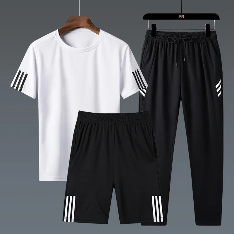 Summer Casual Sports Men's Short Sleeve T-Shirt plus Size Three-Piece Set New Style Long Pants Comfortable Breathable Clothing - Ellianto fashion Men's