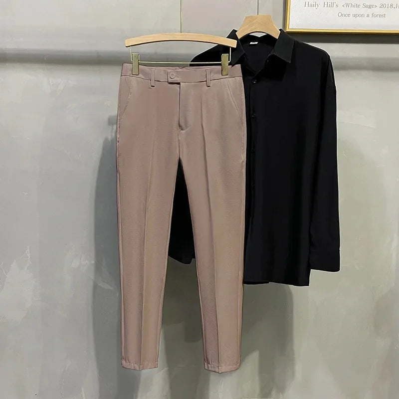 Men's Business Casual Pants Long Trousers Spring Summer Youth Slim Fit Suit Pants Spring Small Foot No Ironing Thin Pants - Ellianto fashion Men's
