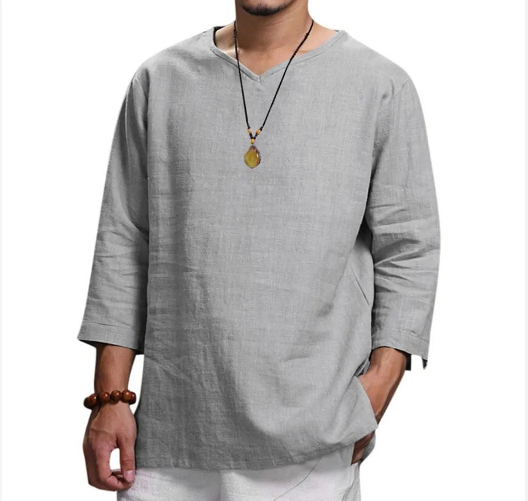 Men's New 3/4 Sleeve Loose Solid Casual Large Pullover Shirt - Ellianto fashion Men's