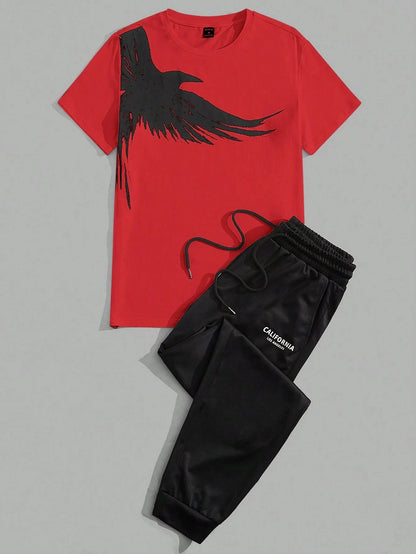 Set 2025 Simple Casual Men's T-shirt Short-sleeved Suit And Pants Fashion Eagle Print Pattern Sports And Leisure Two-piece Set - Ellianto fashion Men's