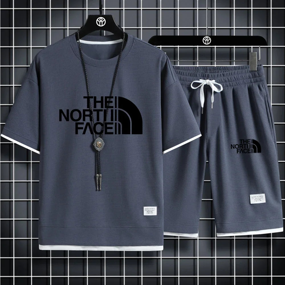 Set 2025 Summer Fashion Men's Korean-style sportswear set: short-sleeved T-shirt + Casual men's jogging pants and sports Shorts 2-pi - Ellianto fashion Men's