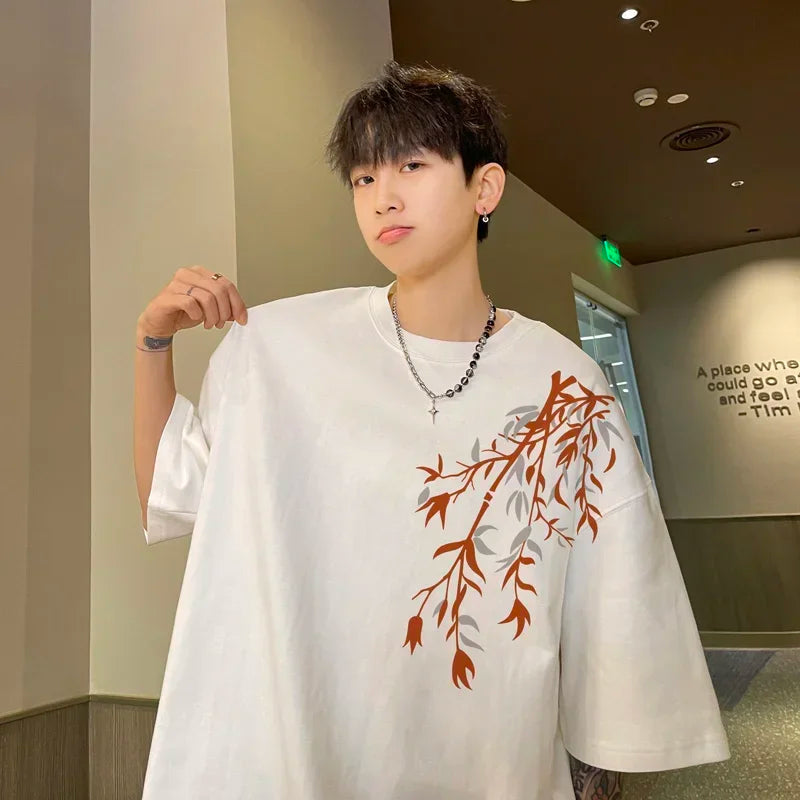 Men's Oversized T-shirts Mens Cotton T Shirt White 5XL Casual Summer Wear Fashion Bamboo Print Tee Shirts for Men Clothing - Ellianto fashion Men's