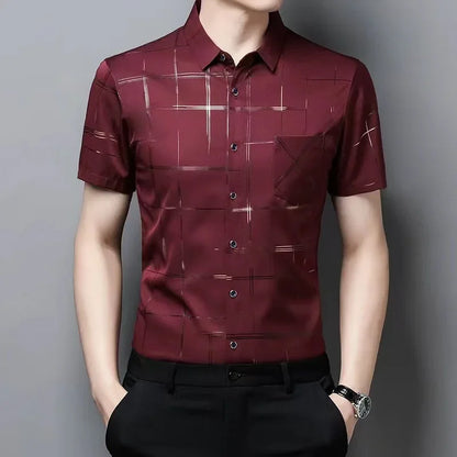 Summer Men Fashion Short Sleeve Shirt Ice Silk No Ironing Urban Casual Style Loose Fit Middle-aged Elderly