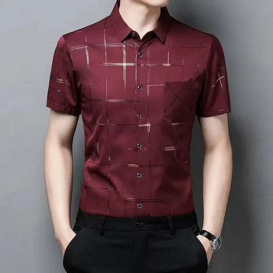 Summer Men Fashion Short Sleeve Shirt Ice Silk No Ironing Urban Casual Style Loose Fit Middle-aged Elderly