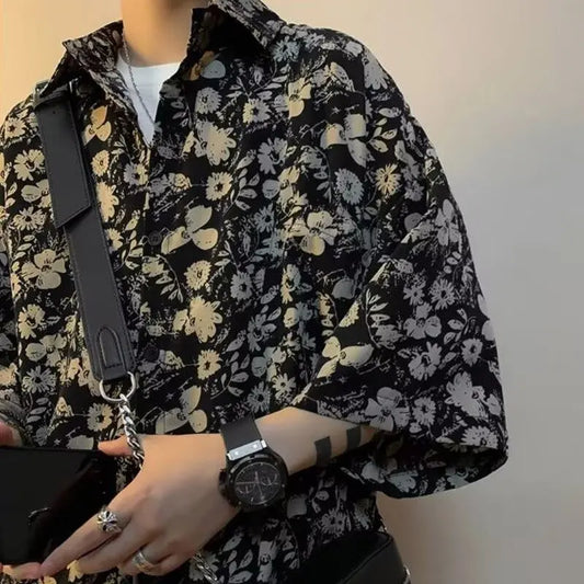 SET Floral Short Sleeved Shirt For Men, Summer American Retro Hawaiian Shirt, Travel Outfit, Hong Kong Style Jacket - Ellianto fashion Men's