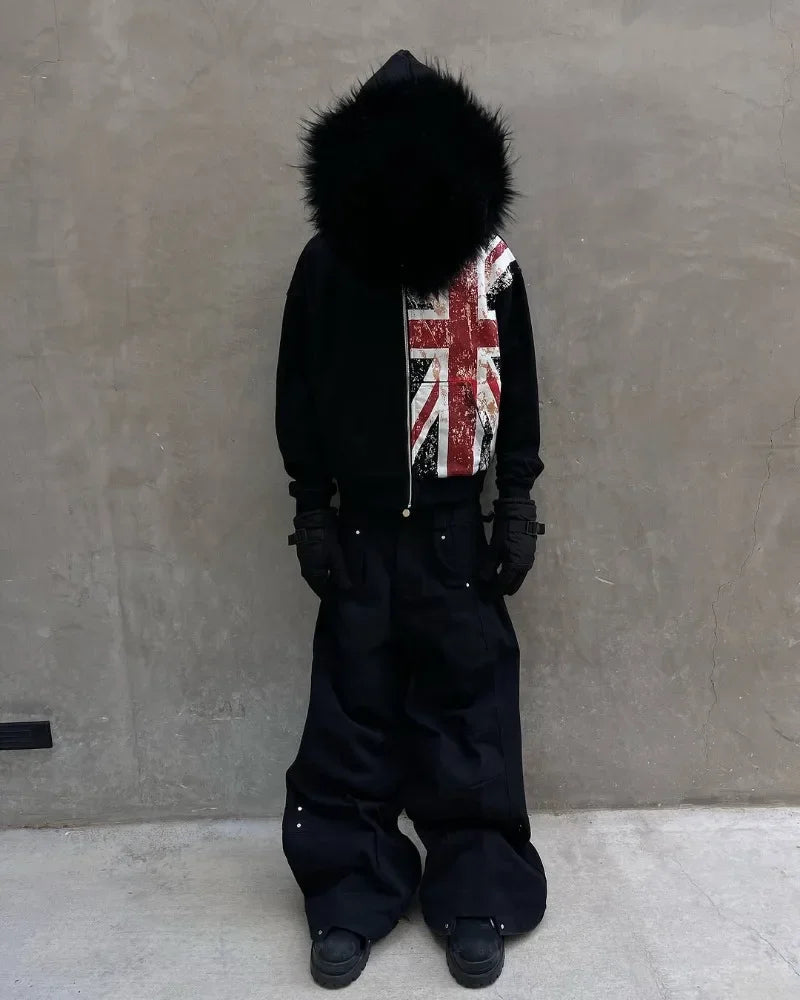 American Retro Fur Collar Flag Printing Oversize Zipper Hoodie Men's and Women's Y2K New Harajuku Hip Hop Goth Casual Sweatshirt