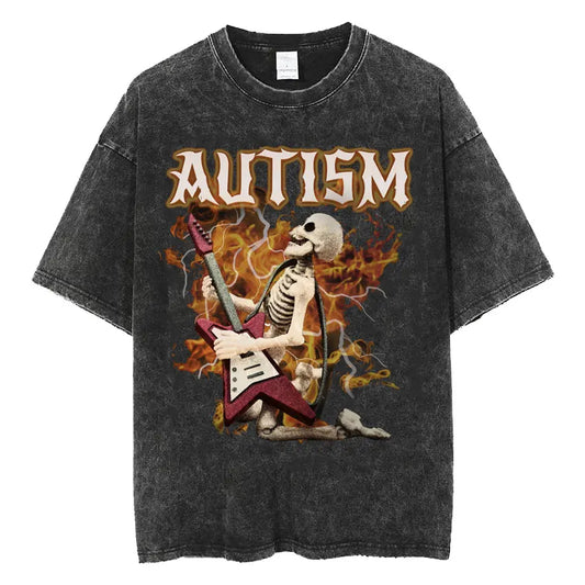 Autism Skeleton Meme T Shirt Human Funny Skull Men Women Harajuku Gothic Vintage Washed T Shirts Oversized Casual Cotton T-shirt
