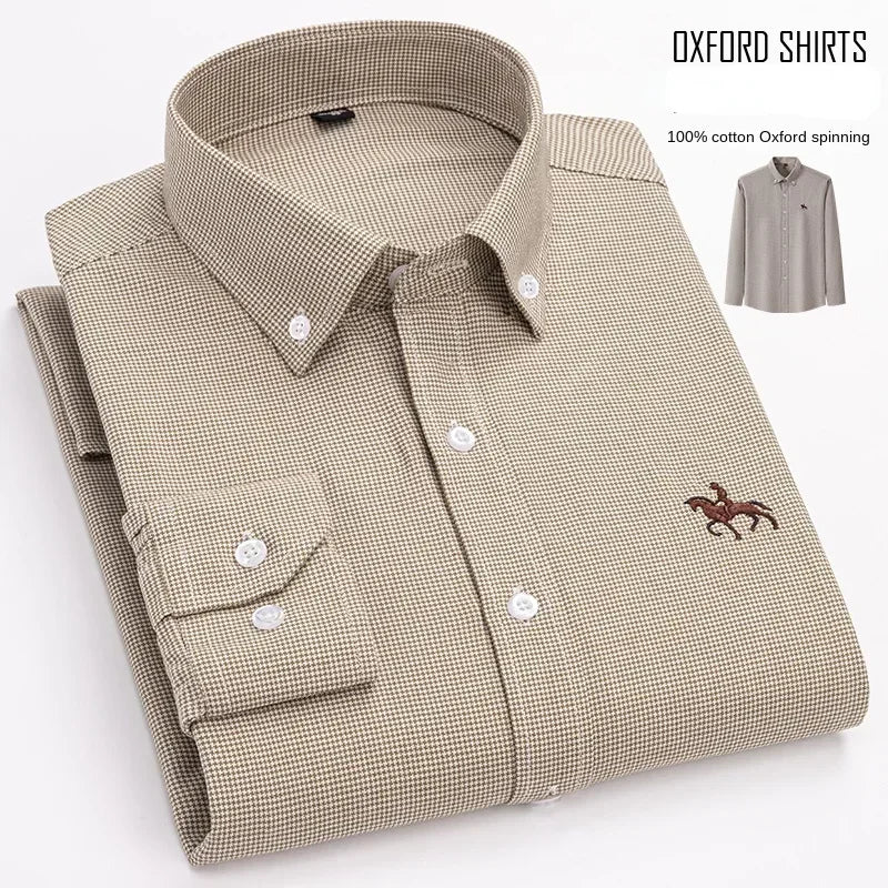 Casual Pure Cotton Oxford Mens Shirts Long Sleeve Embroidery Horse Design Regular Fit Fashion Button Man White Dress Shirt - Ellianto fashion Men's