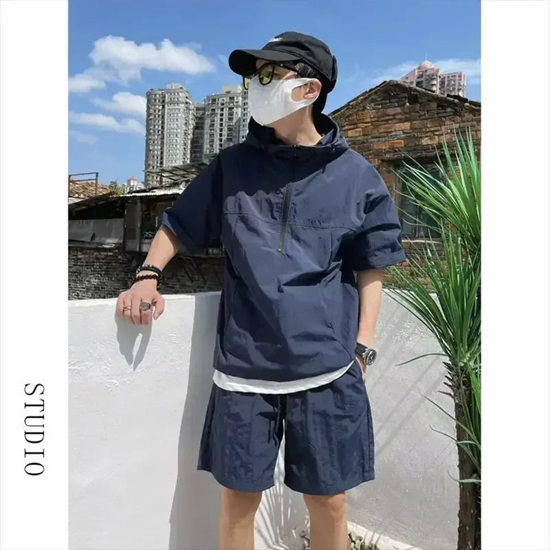 Summer Cargo Style Set Men's Casual Hooded Solid Short Sleeve T-shirt Shorts Loose Fashion High Quality Handsome Sweatshirt Suit - Ellianto fashion Men's