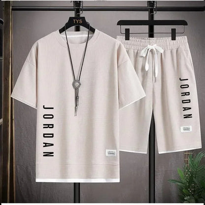 2025 Elegant casual T-shirt and shorts set for men's sports suit loose and comfortable summer waffle set for men - Ellianto fashion Men's