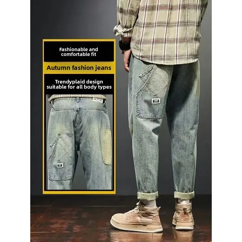 Casual Straight Leg Workwear Jeans Men's Handsome Trendy Brand Spring Autumn New Style Nine Points Casual Pants for Boys - Ellianto fashion Men's