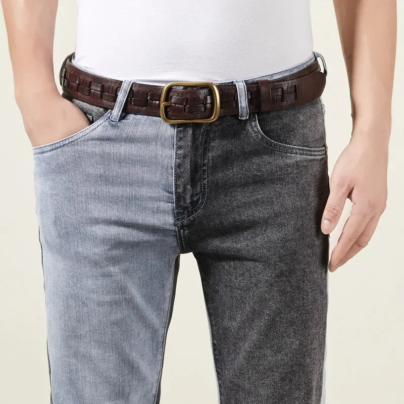 Premium Quality Leather Belt for Men, Handmade Braided Waistband with Retro Style Needle Buckle, First Layer Cowhide Woven Belt - Ellianto fashion Men's