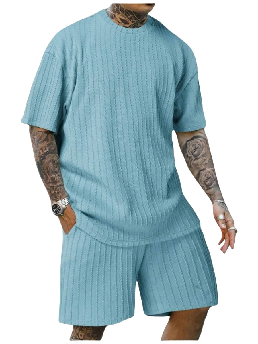 New men's sporty solid-color round-neck pullover vertical striped T-shirt, shorts and short sleeves two-piece casual set 2025 - Ellianto fashion Men's