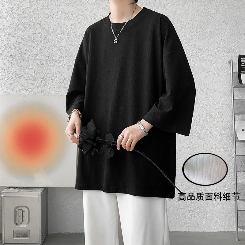 Summer Men Half Sleeves T Shirt Ice Silk Drooping Feeling Oversized Vertical Stripes Tops Loose Round Neck Medium Length T-shirt - Ellianto fashion Men's