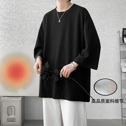 Summer Men Half Sleeves T Shirt Ice Silk Drooping Feeling Oversized Vertical Stripes Tops Loose Round Neck Medium Length T-shirt - Ellianto fashion Men's