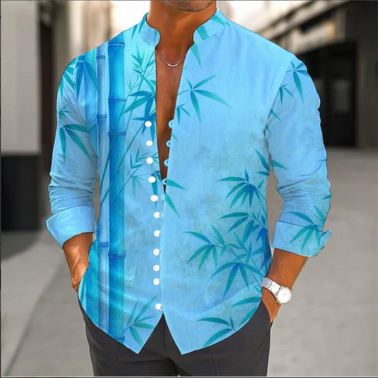 Men's Long Sleeve Shirt Cross Border Summer 3D Bamboo Print Flower Vintage Flip-Neck Long Sleeve Button Top