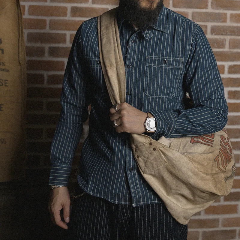 Non Stock Wabash Dot Striped Shirt Vintage Style Button Down Workshirt For Men - Ellianto fashion Men's